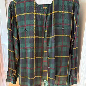 Vintage / Pristine Conditon Jones New York Green Plaid Silk Blouse SIze 14